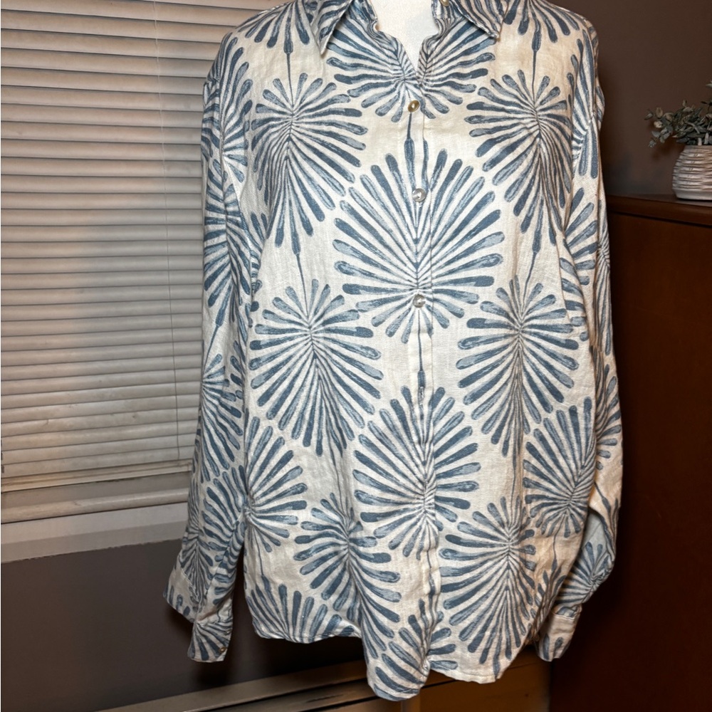 Joie 100% Linen Button Front Shirt Blue Floral Burst Print Size Large